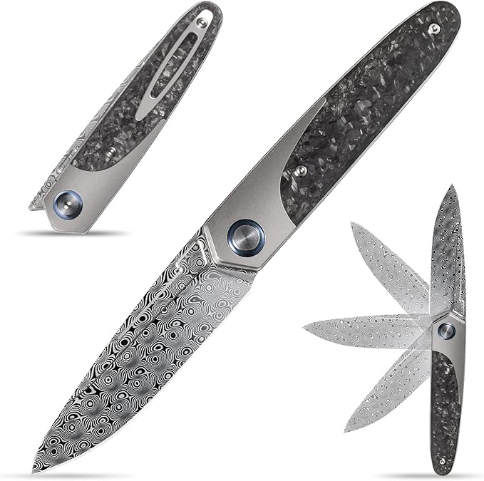 Sitivien ST245 Damascus Steel Folding Knives with Liner Lock, Ball Bearing,Titanium Carbon Fiber Handle EDC Damascus Knife for Men Women(Gray) … …