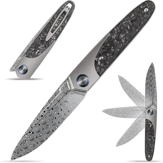 Sitivien ST245 Damascus Steel Folding Knives with Liner Lock, Ball Bearing,Titanium Carbon Fiber Handle EDC Damascus Knife for Men Women(Gray) … …