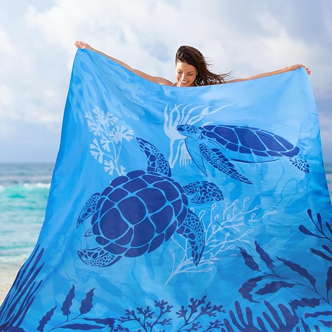 Airensky Beach Blanket, Sandproof Beach Mat 79" X 82" for 4-7 Adults, Large Waterproof Beach Blanket Compact Lightweight Beach Blanket with 4 Stakes for Picnic Camping Travel Hiking(Blue Turtles)