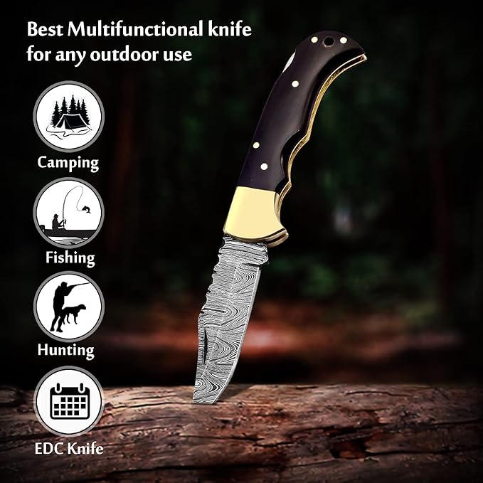 Handmade Damascus Pocket Knife for Men - Thoughtful Husband Present for Anniversaries - 6.5 Inch Folding Knife with Back Lock, Perfect for Camping and Hiking - Damascus Knife with Sheath