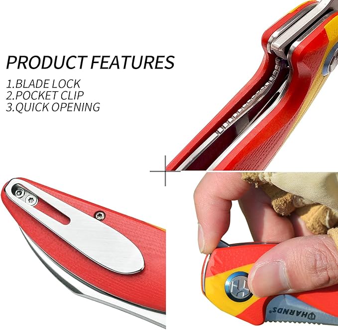Parrot Folding Pocket Knife with Clip and Blade Lock, 8.4" EDC Folding Knife with Sweatproof G10 handle and 14C28N Stainless Blade (Red & Yellow)