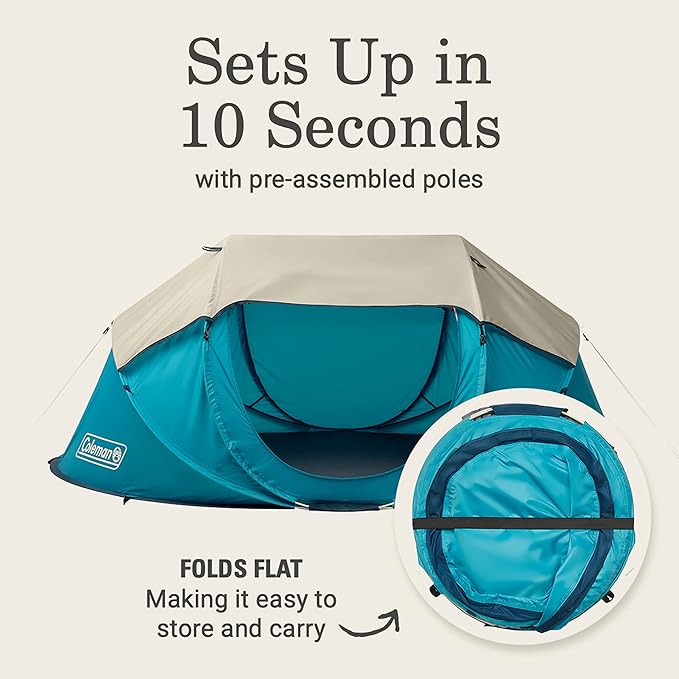 Coleman Pop-Up Instant Tent Sets Up in 10 Seconds, Portable & Lightweight 2/4 Person Tent with Adjustable Rainfly