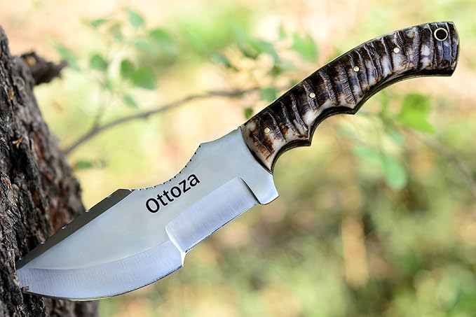 Ottoza Tracker Knife & Ram Horn Handle - Fixed Blade Hunting Knife - Horizontal Carry Knife Sheath 376