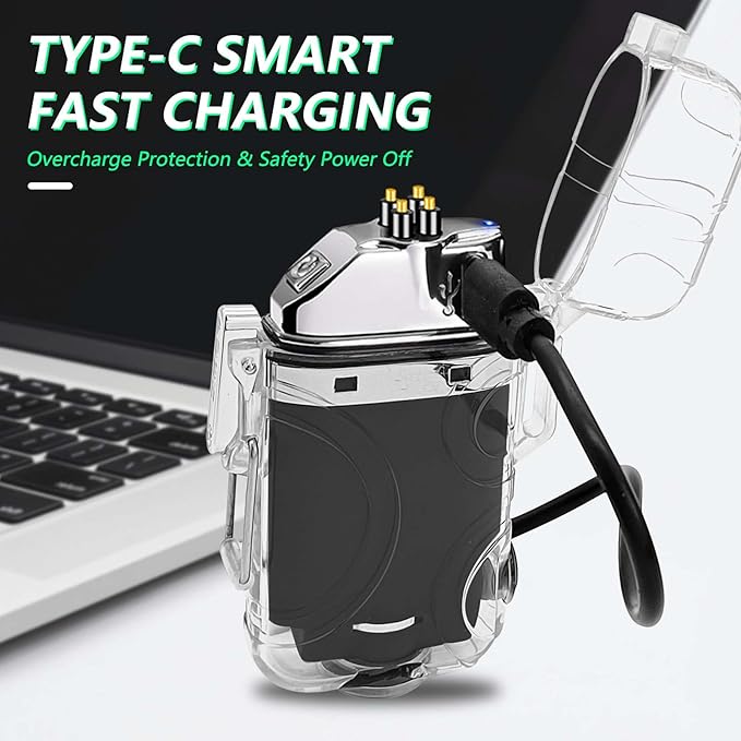 BABOBIU Electric Lighter Arc Lighter USB Rechargeable Lighter Windproof Waterproof Flameless Plasma Lighter with Portable Flashlight for Hiking, Camping, Adventure (Transparent Black)