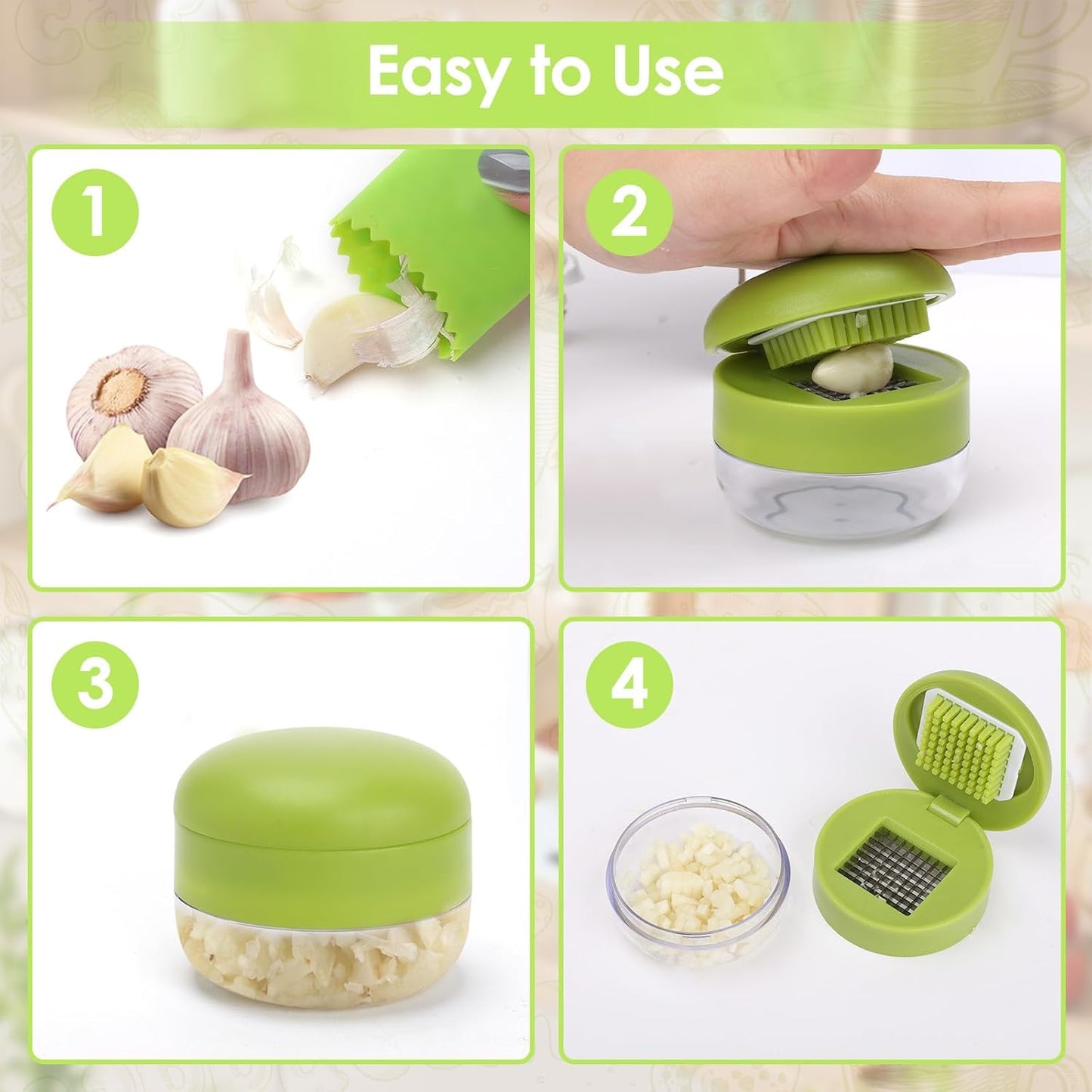 2 Pcs Garlic Press Set, Stainless Steel Garlics Crusher with Silicone Peeler and Cleaner Brush, Easy to Use Garlic Chopper for Shredded Garlic, Ginger, and Fruit