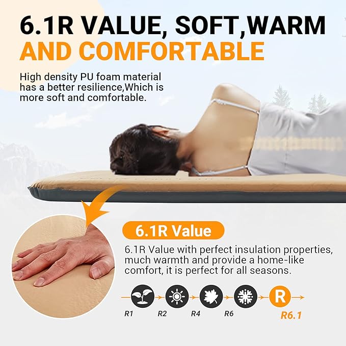 KingCamp Self Inflating Camping Sleeping Pad, 3 INCH Ultra Thick 6.1 R Warm Soft Single Foam Air Mattress for Travel Hiking Tentads for Tent Cot Traveling and Hiking, Multicolor