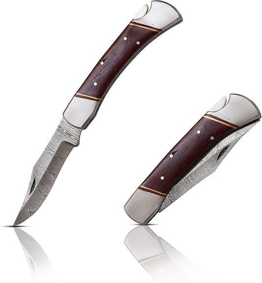 Capra Knives CK-41 Handcrafted Folding Pocket Knife 5” Folded, 9” Long Overall, 8oz Padauk Wood Handle, Damascus Blade with Leather Sheath