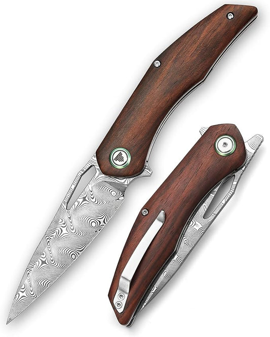 Folding Pocket Knife for Men With Clip, Front Flipper EDC Knife for Best Outdoor Camping Hiking Work Utility Knives,3.62''Damascus Steel Blade &Rosewood Handle &Ti Ring.Taurus-01r
