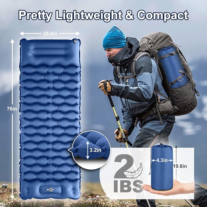 Sleeping Pad for Camping, 50D Inflatable Camping Mat with Pillow Built-in Foot Pump Sleeping Mat Waterproof Compact and Portable Camping Mattress for Backpacking Hiking Traveling Road Trip Tent
