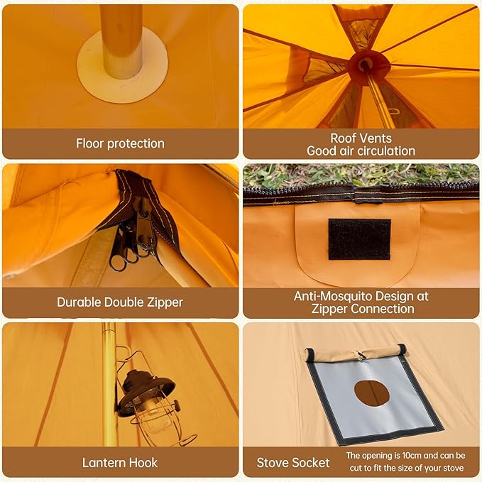 Cotton Canvas Bell Tent with Stove Jack, Roomy Yurt for Family Glamping Camping, 4 Season Tent with Zipped Removable Floor