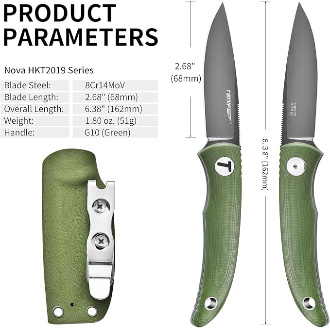 TONIFE Nova 2.68'' Blade Mini Neck Knife Knife Full Tang Fixed Blade Knife with Kydex Sheath and Adjustable Paracord Lanyard for Camping Outdoor Survival Tool (Green+Grey Titanium)