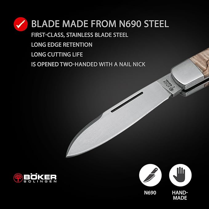 BÖKER Barlow Traditional Folding Pocket Knife, Curly Birch Wood Handle, N690 Blade, Handmade in Solingen Germany