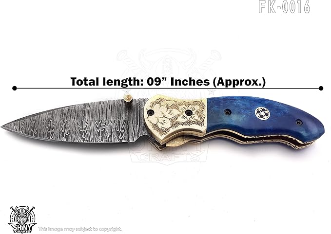 SHINY CRAFTS - Damascus Pocket Knife Knives For Men Military Knife Survival Knife- Folding Knives - Everyday Carry - PlainEdge - Leather Sheath (FK 16)