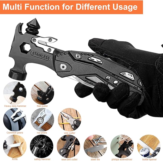 Hammer Multitool: 16 In 1 Multi Tool Hammer Camping Gear - Gifts for Men Boyfriend Husband Father, Cool Gadgets, Small Hammer with Screwdriver Bits Set for Camping Outdoor Home DIY Use