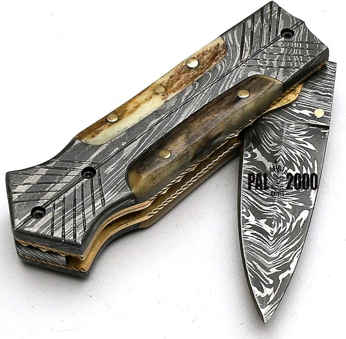 PAL 2000 KNIVES FOL-8897 Handmade Damascus Steel Blade Folding Pocket Hunting Knife with Sheath