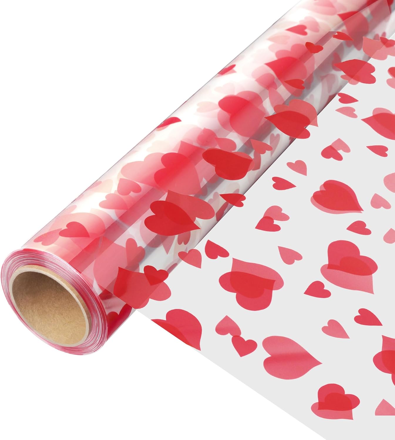 JOYIT 100ft Clear Cellophane Wrap Roll with Heart (17.5 in x 100 ft) - 3 Mil Thick Red Heart Cellophane Roll, Heart Cellophane Bags Large for Flower Gift Baskets Wrapping