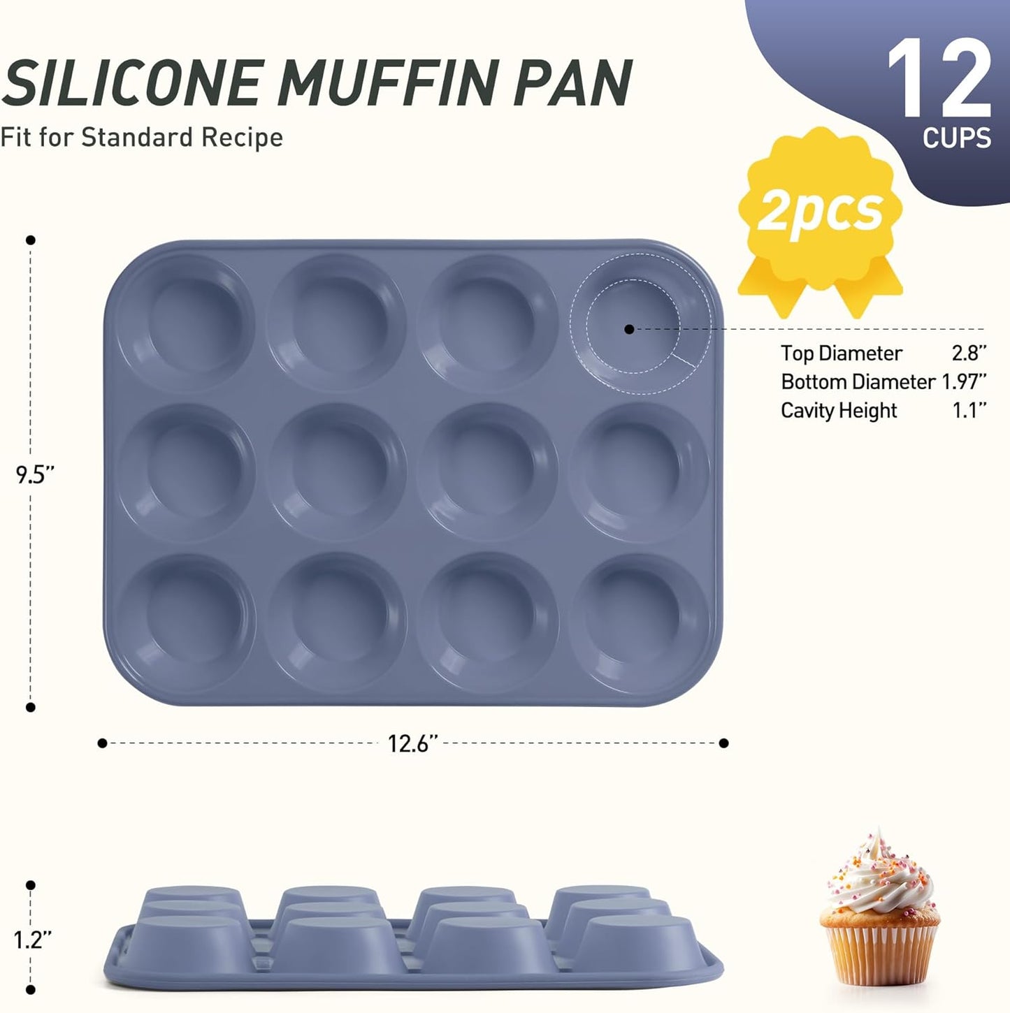2 Pack 12 Cups Silicone Muffin Pan with Metal Reinforced Frame Regular Size Silicone Molds Cupcake Cake Baking Pans Baking Cupcake Mold Best Baking Pans Tart Pan Sheet Set Reusable Cupcake Liners