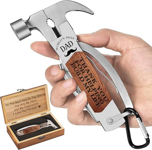 VEITORLD Gifts for Dad from Daughter Son Kids, Unique Birthday Gift Ideas for Men Him, All in One Tools Hammer Multitool with Engraved Wooden Box, Cool Gadgets(Dad Build My Life)