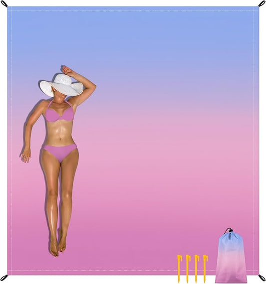 Large Beach Blanket Waterproof Sandproof, Blue Pink Gradient Weighted Polyester Picnic Blanket Windproof w/Stakes and Sand Pockets, Outdoor Camping Beach Mat Sand Free Fits 8 Adult for Travel, Hiking