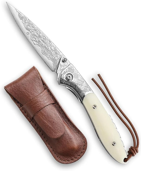 EDC Folding Pocket Knife with Leather Sheath,Handmade Damascus Steel Blade,Bone Handle Thumb Stud Knives for Men Hunting, Piscis Austrinus-02W