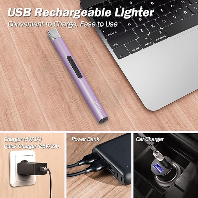 Candle Lighter, Electric Lighter Rechargeable USB Lighter, Arc Windproof Flameless Plasma Lighter Long Stick with Rope and Ring, No Butane Fluid, Perfect for Candle BBQ Camping Kitchen Stove, Purple