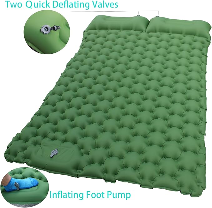 Double Camping Sleeping Pad for Camping Hiking Backpacking 2 Person Self Inflating Sleeping Mat Portable Ultralight Compact Green