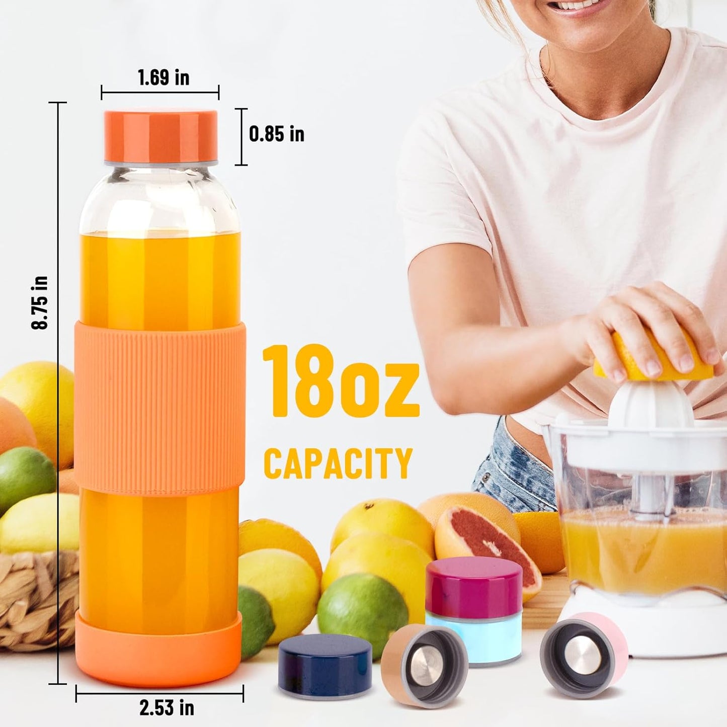 18 oz Glass Juice Bottles with Lids and Silicone Sleeve, Reusable Glass Water Bottles with Stainless Steel Cap for Juicing, Refrigerator,100% Leak Proof, BPA Free, Set of 6