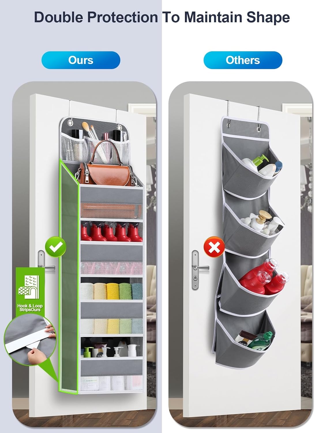 2 Pack Over The Door Organizer, Hanging Storage Organization with Large Capacity Pockets, Swing-Proof Behind Door Storage Shelf for Kicthen Bedroom Nursery Kids Toys Shoes, Grey