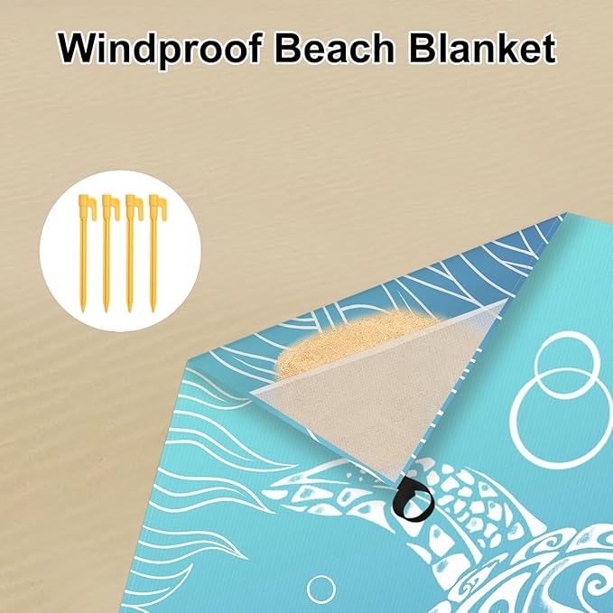 Beach Blanket, Large Waterproof Sandproof Beach Mat 78''×86'' 4 Adults, Lightweight Portable Sand Free Outdoor Beach Accessories with 4 Stakes for Picnic, Travel, Camping - Blue Gradient Sea Turtle