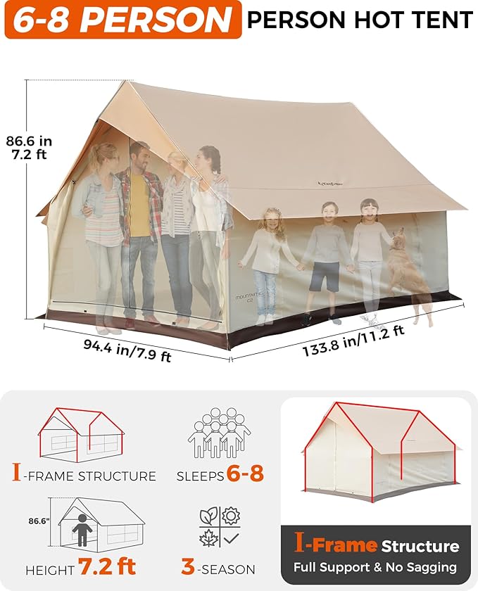 KingCamp Camping Tent 6-8 Person, Weatherproof Hot Tent Large Family Cabin Tents with Stove Jack, Waterproof & Windproof for Family Camping & Outdoor Parties