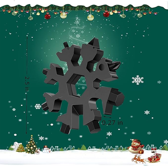 Snowflake Multitool,18-in-1 Stainless Steel Snowflake Tool, Snowflake Wrench Screwdriver with Key Ring,Carabiner Clip (Black)