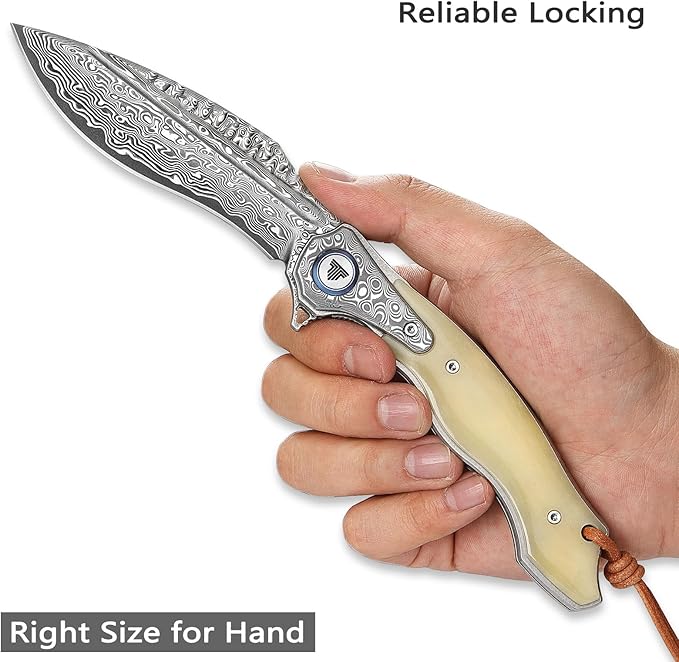 Handmade Damascus Steel Folding Hunting Knife with Leather Sheath,4.09'' Large Blade,Damascus and Bone Handle Pocket Knives for Men EDC Camping, Lepus-02