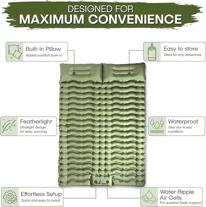 Camping Double Sleeping Pad - Fast 60s Foot Pump Inflatable Air Mattress, Ultralight Durable Ergonomic Egg-Shaped Mat, Built-in Pillow, Ideal for Backpacking