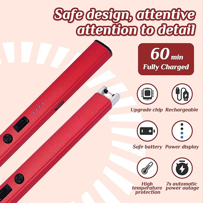 2 PCS Candle Lighter,Windproof Flameless Electric Lighter with LED Power Display ＆ Safety Switch, Upgraded Plasma USB Rechargeable Lighter for Birthday Camping BBQ （Red）