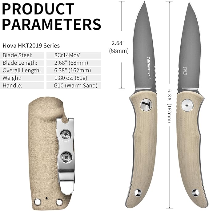 TONIFE Nova 2.68'' Blade Mini Neck Knife Knife Full Tang Fixed Blade Knife with Kydex Sheath and Adjustable Paracord Lanyard for Camping Outdoor Survival Tool (Warm Sand+Gray Titanium)