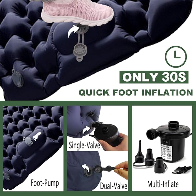 Sleeping Pad Ultralight Inflatable Camping Sleeping Pad with Pillow,Built-in Foot Pump,Lightweight Camping Mattress,Thick 4" Sleeping Mat for Camping Backpacking Hiking (Navy Blue, Single)