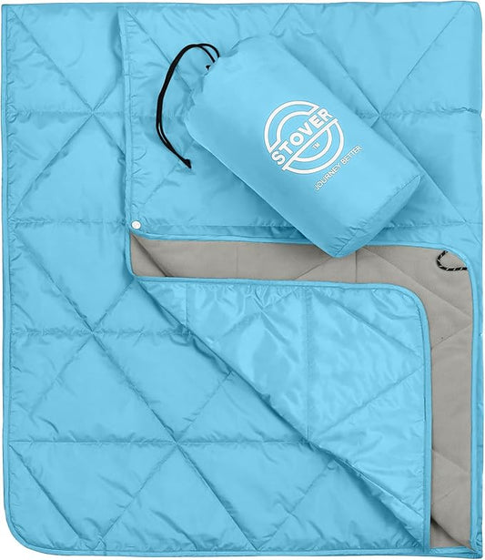 STOVER Outdoor Waterproof Fleece Travel Blanket for Camping, Picnics, Stadiums, Sports, Boating, The Beach– Warm, Windproof, Compact, Lightweight & Sand-Resistant w/Packable Carrying Bag (Light Blue)