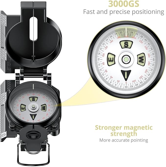 Hiking Compass with Clinometer, Strong Magnetic Intensity 3000 Gauss Military Lensatic Sighting Compass with Lanyard & Pouch, Survival Compass for Hiking Camping Hunting Outdoor (Black)