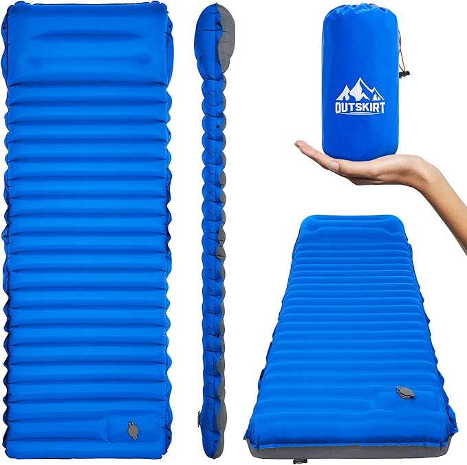 OUTSKIRT 4" Thickness Sleeping Pad with Built-in Foot Pump, Lightweight & Ultra-Comfort Camping Pads - Perfect for Camping, Hiking, Backpacking & Outdoor Adventures, Blue