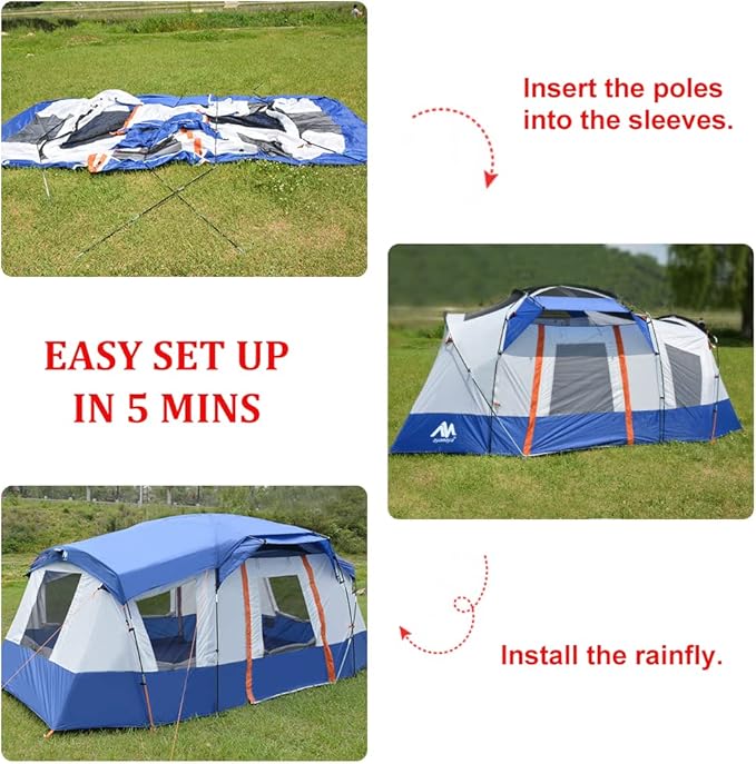 8 Person Tent for Camping, AYAMAYA Waterproof Multi Room Large Family Tents with Skylight & Removable Rainfly &4 Large Mesh Windows and Divided Curtain for Separated Room