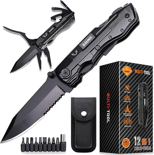 Gifts for Dad Men Him,Pocket Knife Multitool with Safety Locking Handy 12 in 1 Multi Tool with Pliers Knife Bottle Opener 9 in 1 Screwdriver Perfect for Outdoor Camping, Gardening,Home DIY Use