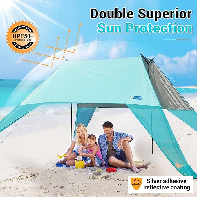 INSTANTENT® 15x9FT Beach Tent for Family, with UPF50+ Protection, Includes Sand Bags, Ground Pegs, Stability Poles, Easy Setup Beach Shade Canopy for Camping, Fishing, Backyard (Turquoise)