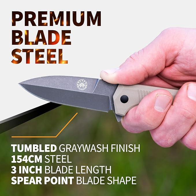 Off-Grid Knives - Stinger EDC Folding Knife with Spear Point Blade, Crucible 154CM Steel, G10 Scales, Deep Carry Clip, Everyday Carry (Coyote Spear Point)