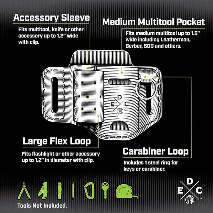 Multitool Sheath & Flashlight Holster, Leather EDC Pouch for Belts also fits Knife and Keys - compatible with Full Size Leatherman, Gerber, SOG Multitools