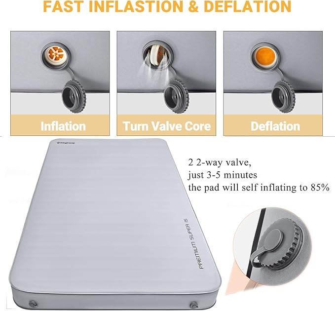 KingCamp Self Inflating Sleeping Pad for Camping Ultra Thick Double Single Foam Mattress High R Value Camping Air Pad Mat, Multi Colors & Sizes