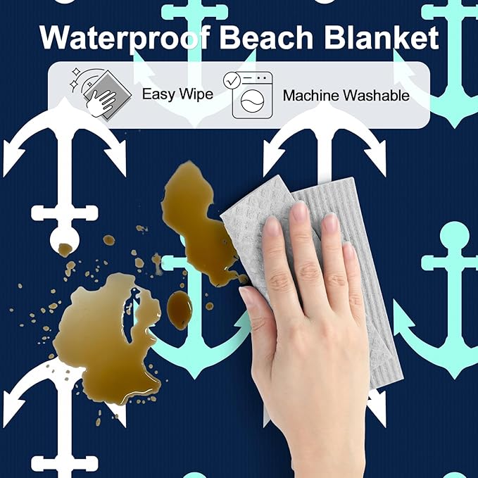 Nautical Beach Blanket Sandproof, Foldable Waterproof Sand Free Beach Picnic Mat, 78''×86'' Large Compact Portable Ocean Themed Outdoor Pocket Blanket With 4 Stakes for Travel, Camping - Navy Anchors