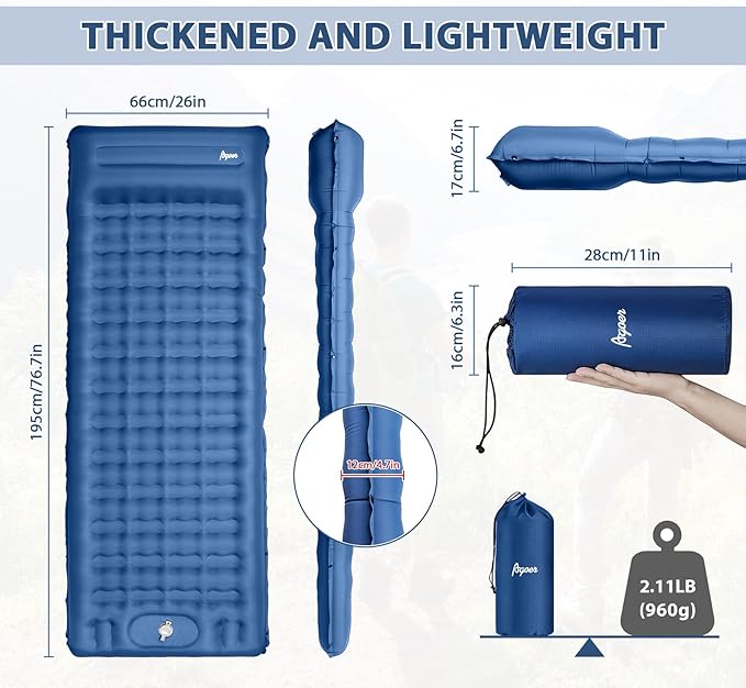 Super Thick Camping Sleeping Pads 76.7 x 26 x 5 Inflatable Sleeping Mat with Pillow Built-in Pump,Ultralight & Portable Backpacking Sleeping Pad with Carry Bag for Camping Hiking,Blue
