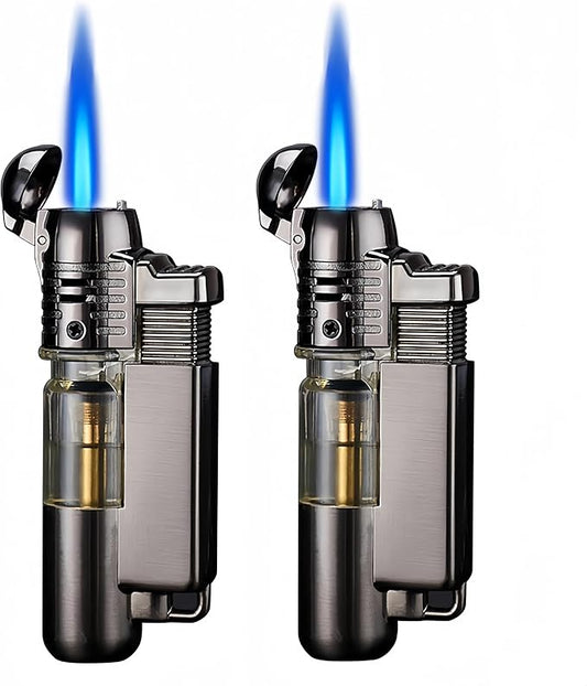 Windproof Butane Torch Lighters - 2 Pack with Visible Window Pocket Lighter - Adjustable Jet Flame Cigar Lighter for Fireplace Fireworks Grill Camping BBQ Lighter(Without Gas) (Black)