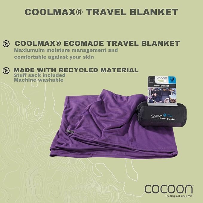 COCOON - Coolmax Travel Blanket | Compact Throw Blanket for Camping and Hiking | Fits in Backpack | Attaches to Luggage | Travel Essential | Fast Drying (Regular 70" x 55")