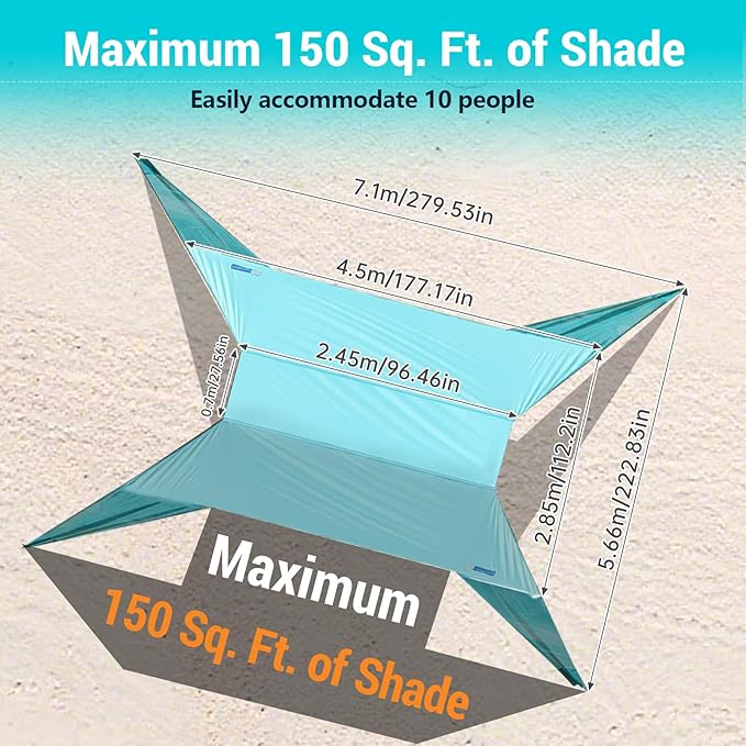 INSTANTENT® 15x9FT Beach Tent for Family, with UPF50+ Protection, Includes Sand Bags, Ground Pegs, Stability Poles, Easy Setup Beach Shade Canopy for Camping, Fishing, Backyard (Turquoise)